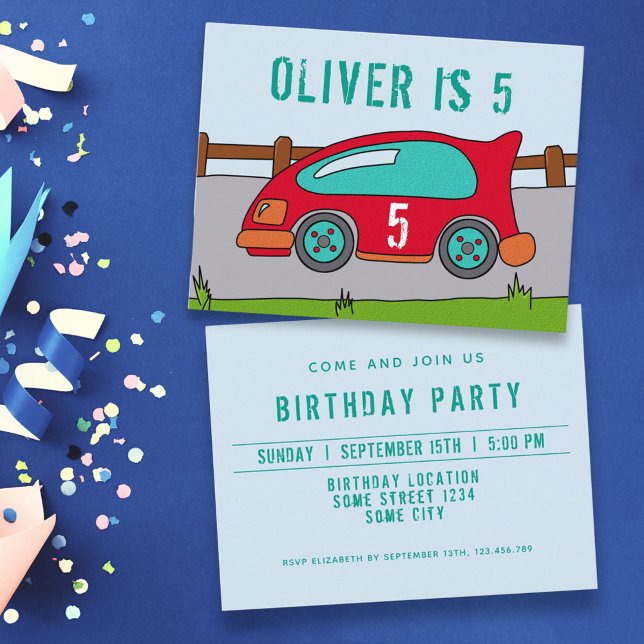Cute Red Car Boy`s Birthday Party  Invitation Postcard (Creator Uploaded)