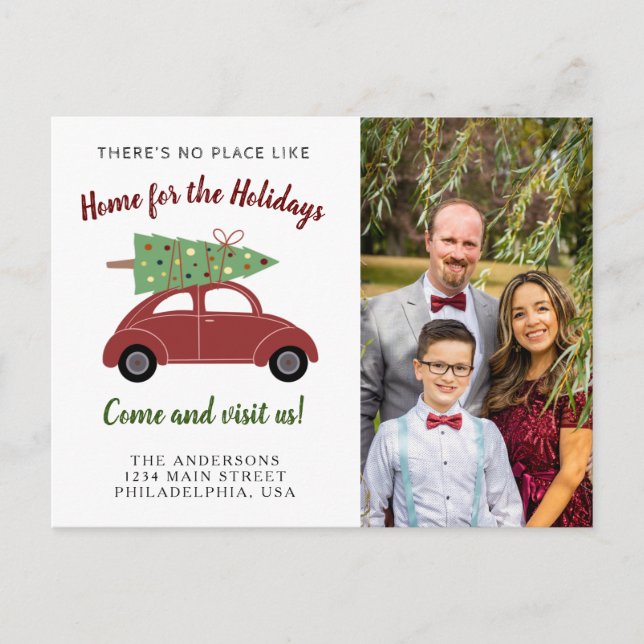 Cute Red Car Christmas Tree Photo Holiday Moving Announcement Postcard (Front)