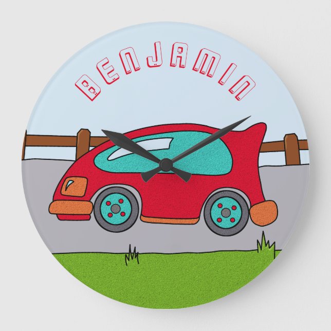 Cute Red Car Road Boy Name Nursery Large Clock (Front)