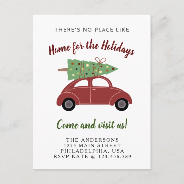 Cute Red Car with Christmas Tree Holiday Moving Announcement Postcard (Front)