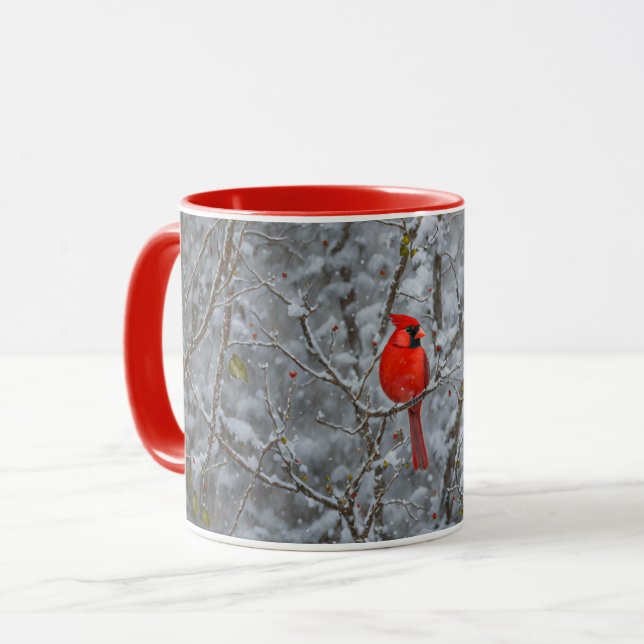 Cute Red Cardinal Bird Snow Tree Holiday Mug Cup (Front Left)
