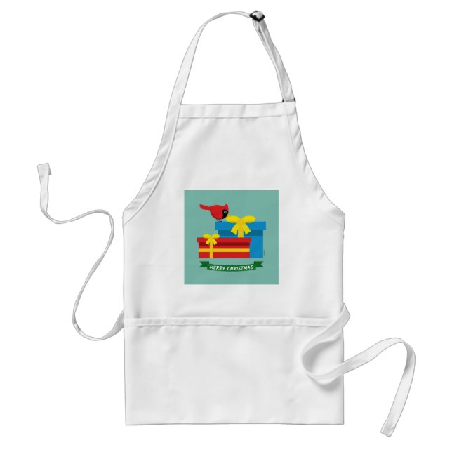 Cute Red Cardinal Opening A Blue Gift Standard Apron (Front)