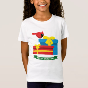 Cute Red Cardinal Opening A Blue Gift T-Shirt