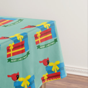 Cute Red Cardinal Opening A Blue Gift Tablecloth