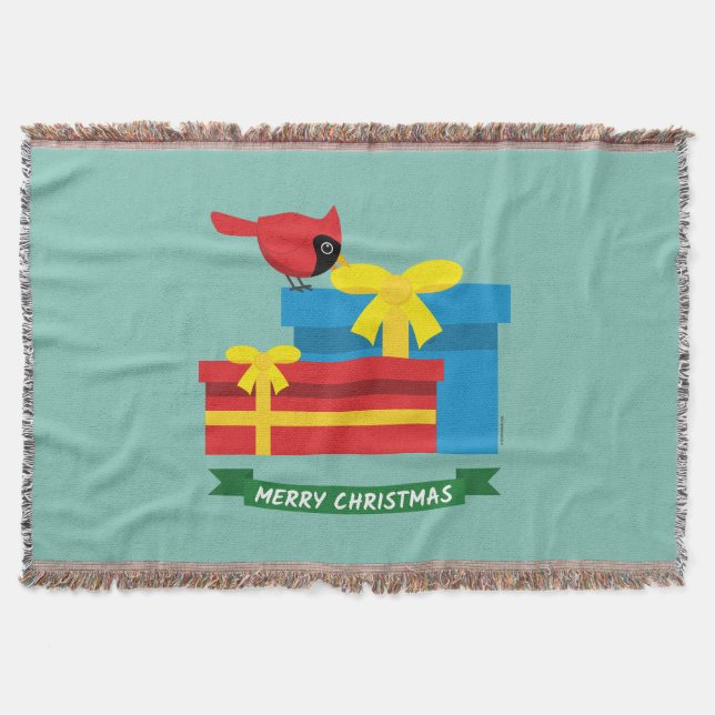 Cute Red Cardinal Opening A Blue Gift Throw Blanket (Front)