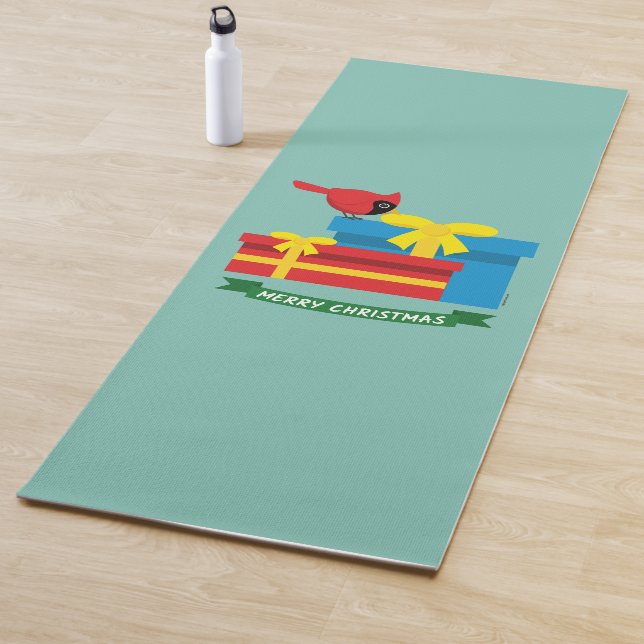 Cute Red Cardinal Opening A Blue Gift Yoga Mat (In Situ)
