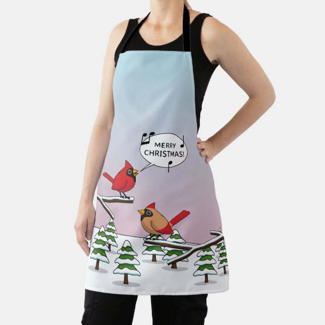 Cute Red Cardinal Singing Merry Christmas Apron (Insitu)