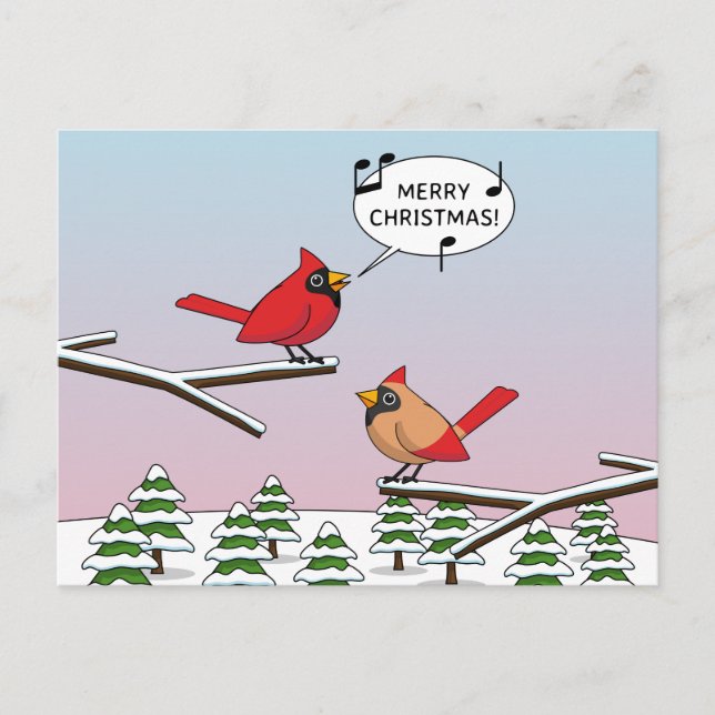 Cute Red Cardinal Singing Merry Christmas Holiday Postcard (Front)