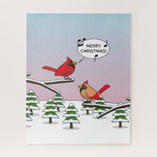 Cute Red Cardinal Singing Merry Christmas Jigsaw Puzzle