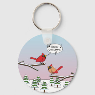 Cute Red Cardinal Singing Merry Christmas Key Ring