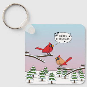 Cute Red Cardinal Singing Merry Christmas Key Ring