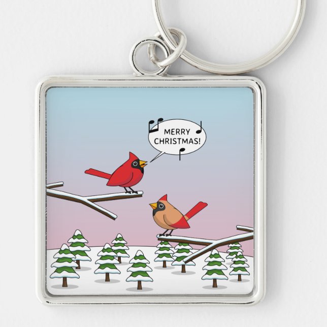 Cute Red Cardinal Singing Merry Christmas Key Ring (Front)