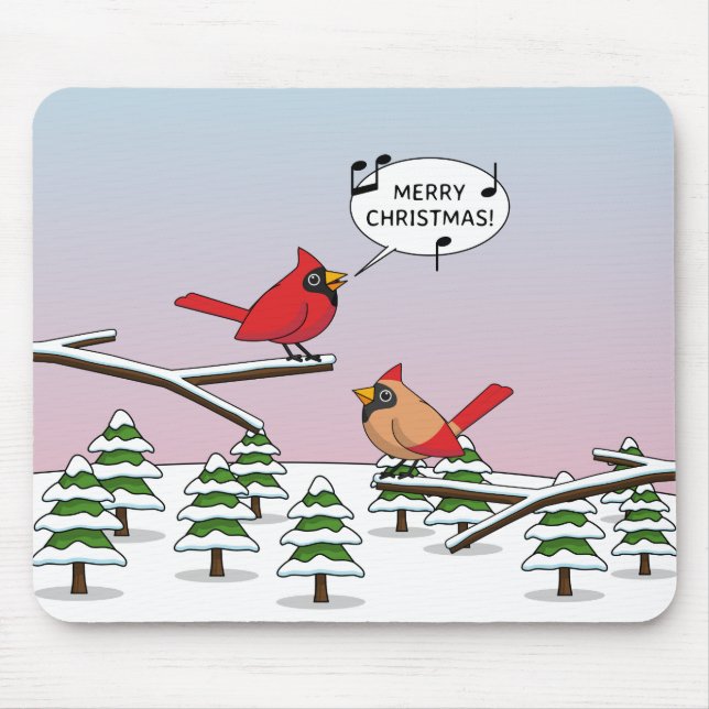 Cute Red Cardinal Singing Merry Christmas Mouse Mat (Front)