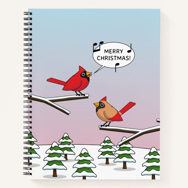 Cute Red Cardinal Singing Merry Christmas Notebook (Front)