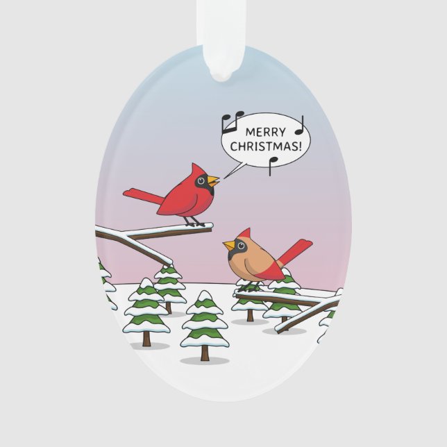 Cute Red Cardinal Singing Merry Christmas Ornament (Front)
