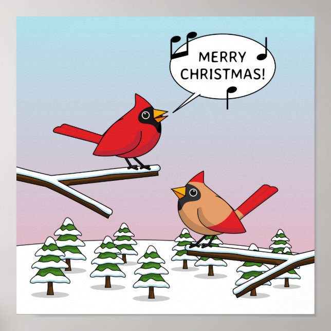 Cute Red Cardinal Singing Merry Christmas Poster (Front)