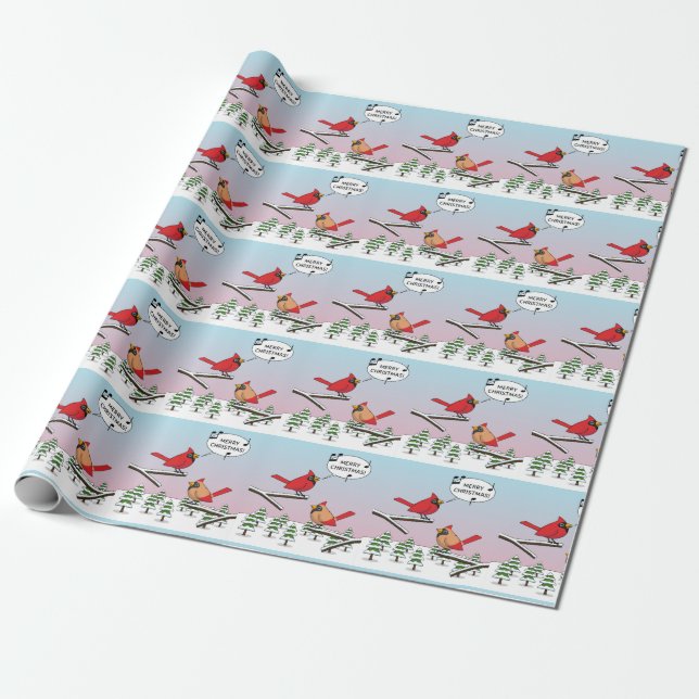 Cute Red Cardinal Singing Merry Christmas Wrapping Paper (Unrolled)