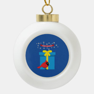 Cute Red Cardinal With Blue Gift Ceramic Ball Christmas Ornament