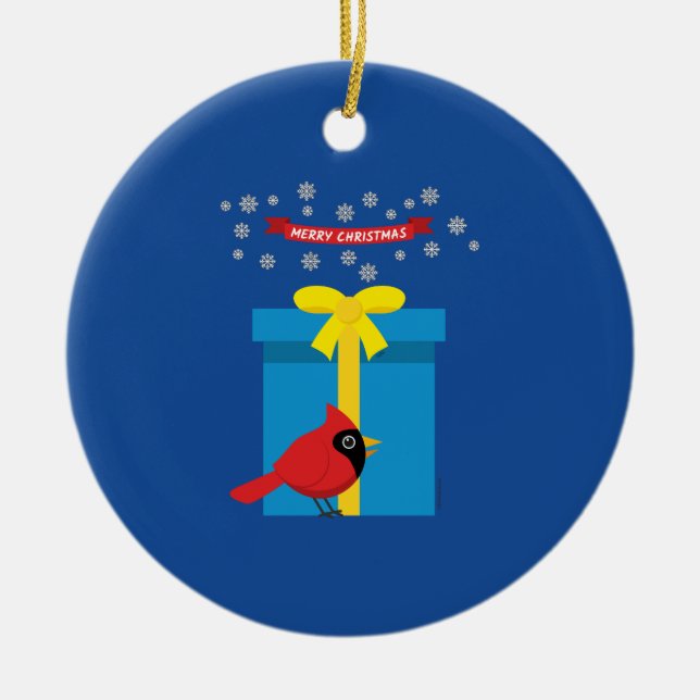 Cute Red Cardinal With Blue Gift Ceramic Tree Decoration (Front)