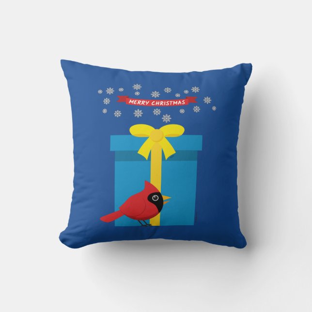 Cute Red Cardinal With Blue Gift Cushion (Front)