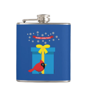 Cute Red Cardinal With Blue Gift Hip Flask