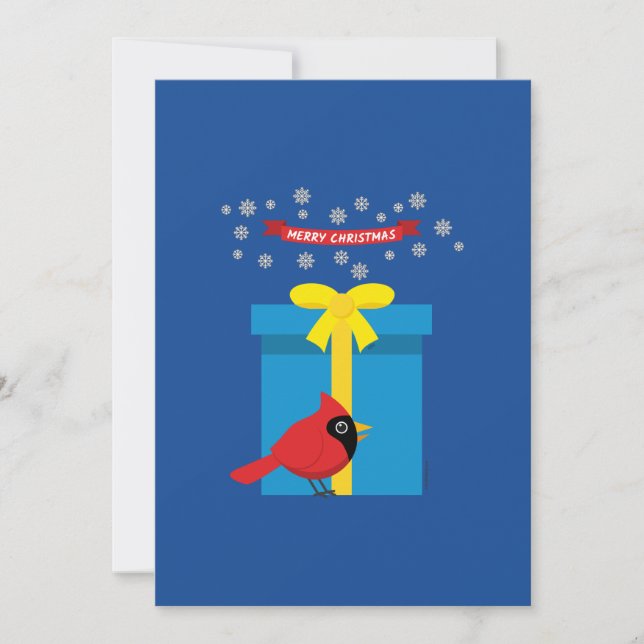 Cute Red Cardinal With Blue Gift Holiday Card (Front)