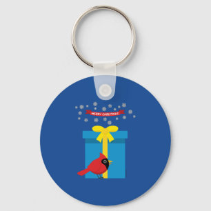 Cute Red Cardinal With Blue Gift Key Ring