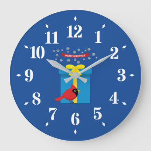 Cute Red Cardinal With Blue Gift Large Clock