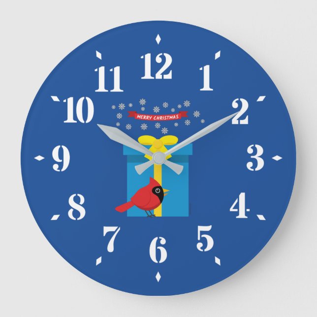 Cute Red Cardinal With Blue Gift Large Clock (Front)