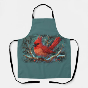 Cute Red Cardinal with Winter Red Berries Apron