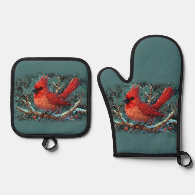 Cute Red Cardinal with Winter Red Berries Oven Mitt & Pot Holder Set (Front)