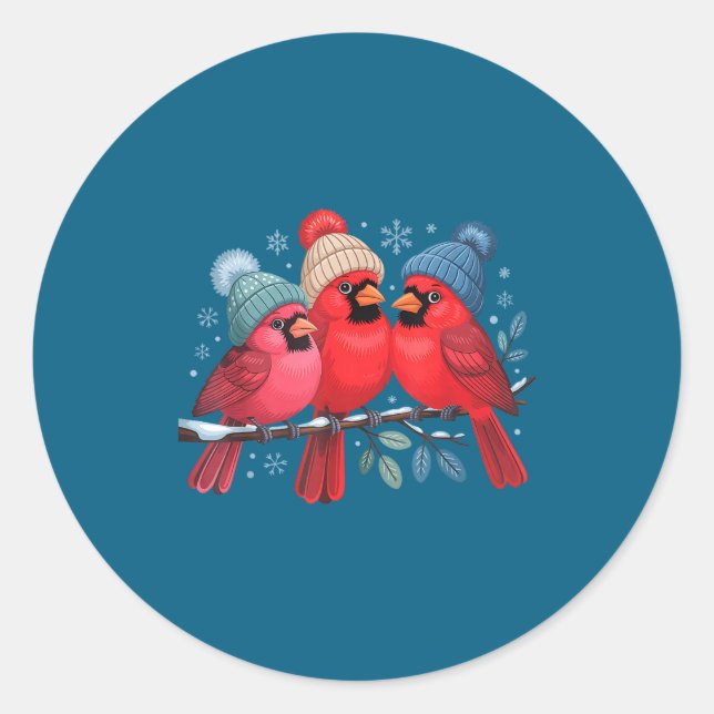 Cute Red Cardinals With Knitted Hats Winter Bird A Classic Round Sticker (Front)