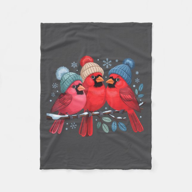 Cute Red Cardinals With Knitted Hats Winter Bird A Fleece Blanket (Front)
