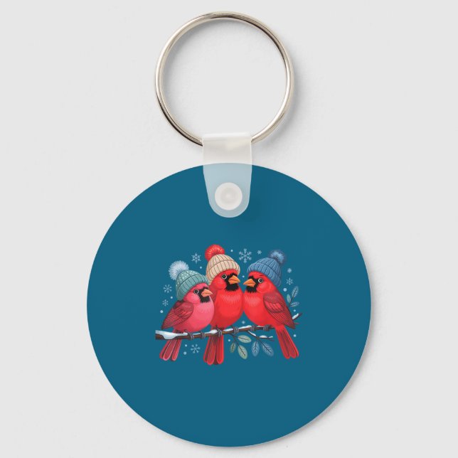 Cute Red Cardinals With Knitted Hats Winter Bird A Key Ring (Front)