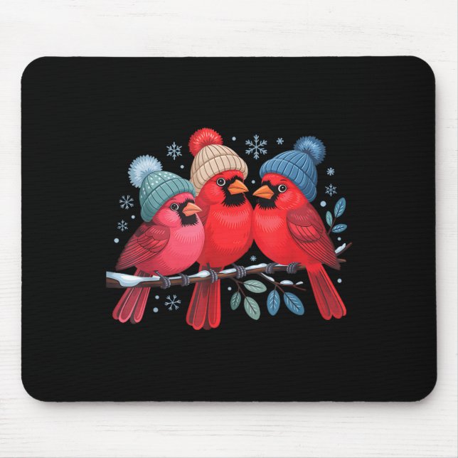 Cute Red Cardinals With Knitted Hats Winter Bird A Mouse Mat (Front)