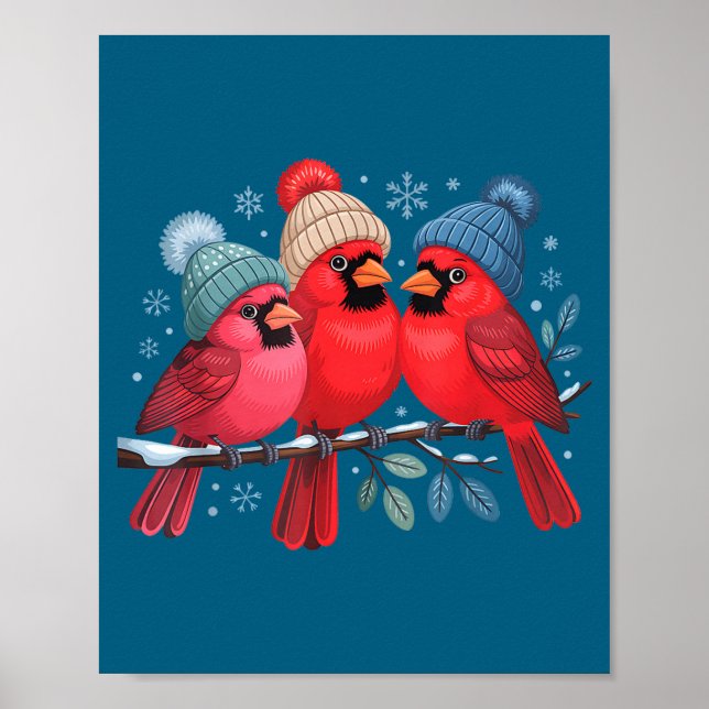 Cute Red Cardinals With Knitted Hats Winter Bird A Poster (Front)