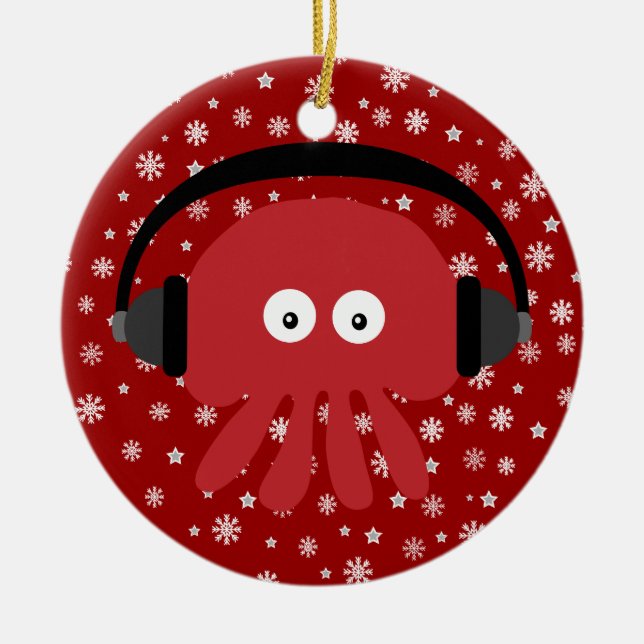 Cute Red Cartoon DJ Jellyfish & Snowflakes Ceramic Tree Decoration (Front)