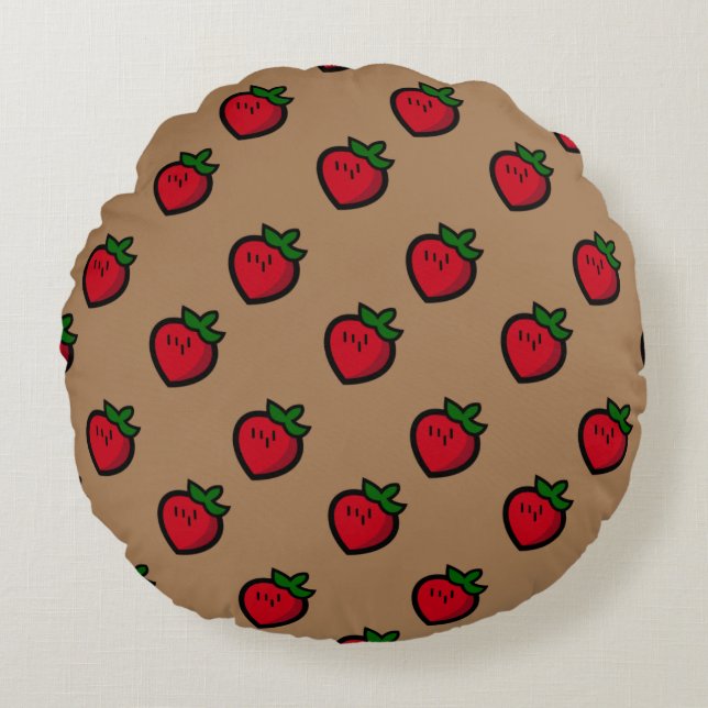 Cute Red Cartoon Strawberries for Vegetarians Round Cushion (Front)