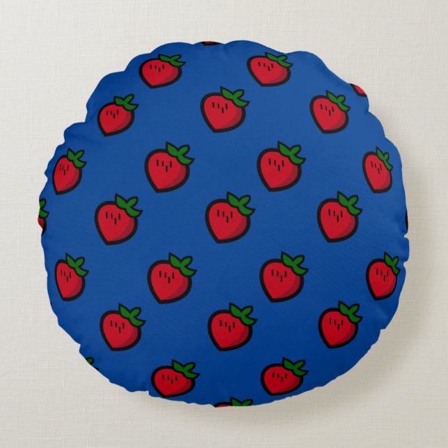 Cute Red Cartoon Strawberries for Vegetarians Round Cushion (Front)