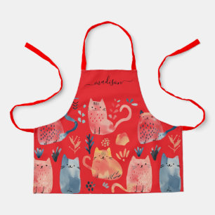 Cute red cat pattern script name apron