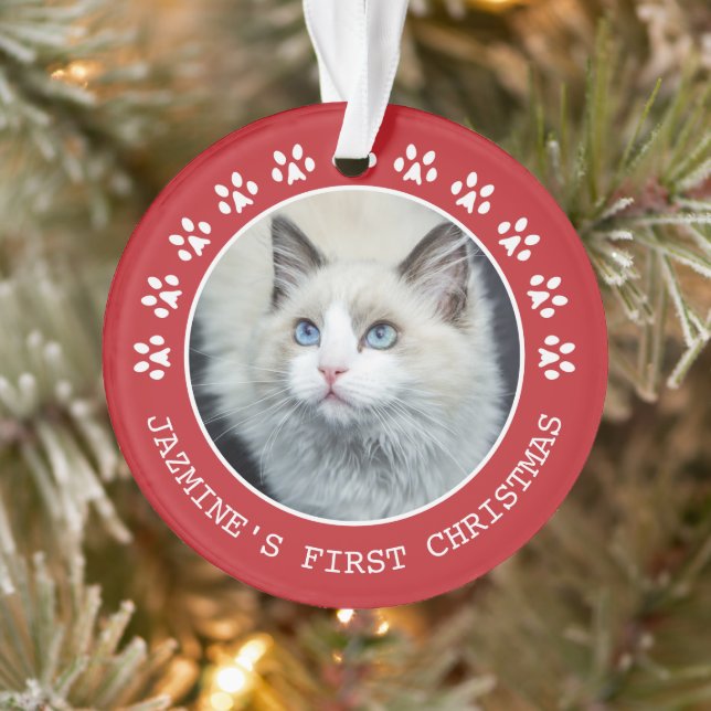 Cute Red Cat Paw Prints Photo Frame Christmas Ornament (Tree)