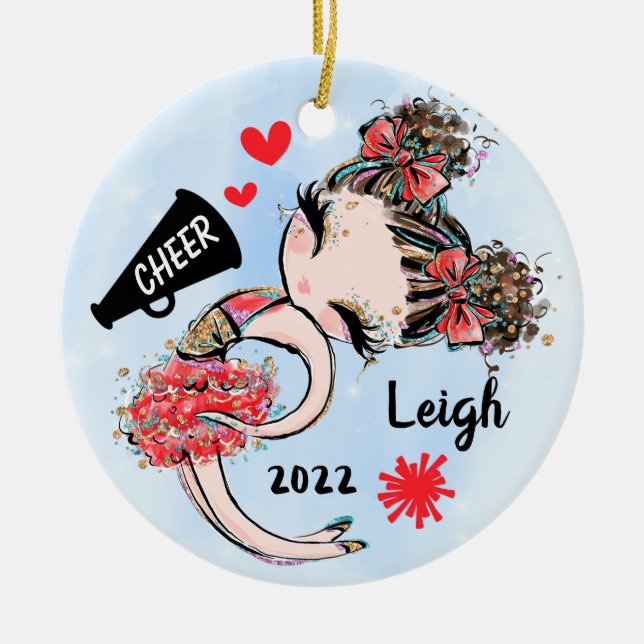 Cute Red Cheerleader Girl Ornament Brown Hair (Front)