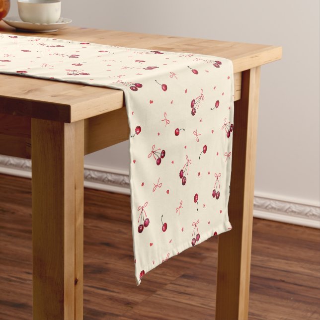 Cute Red Cherries Hearts Bows on Cream Short Table Runner (In Situ)