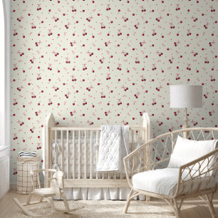 Cute Red Cherries Hearts Bows on Ivory White Wallpaper