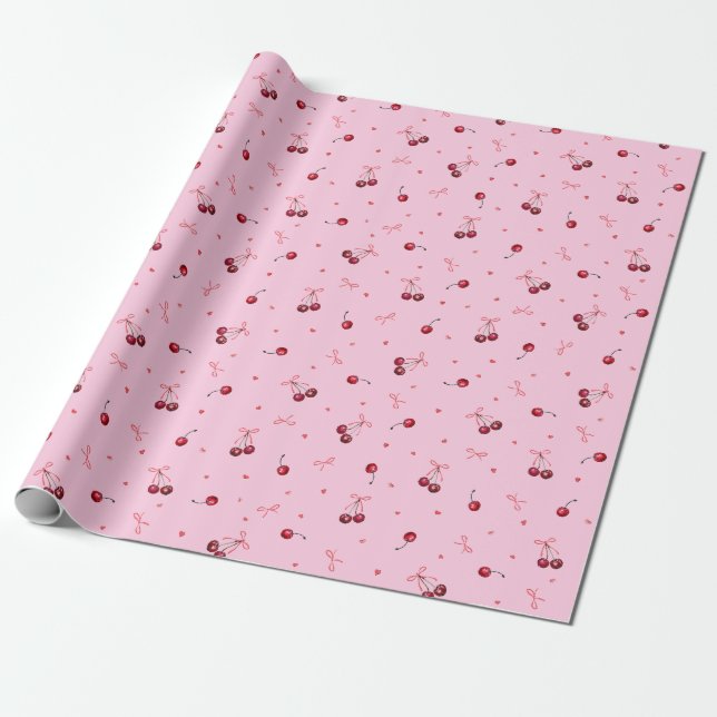 Cute Red Cherries Hearts Bows on Pink Wrapping Paper (Unrolled)