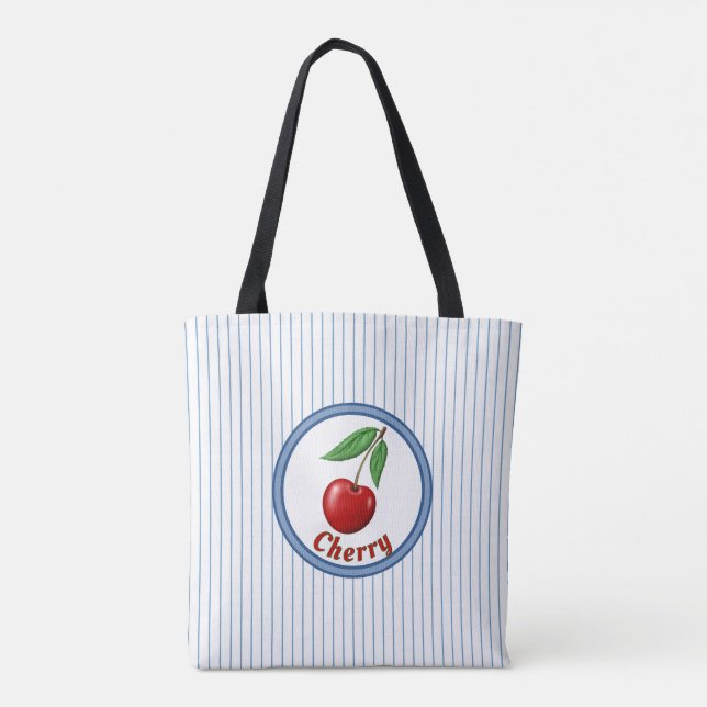 Cute Red Cherry and Blue Stripes Personalised Tote Bag (Back)
