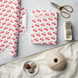 Cute Red Cherry Drawing Worn Up Wrapping Paper
