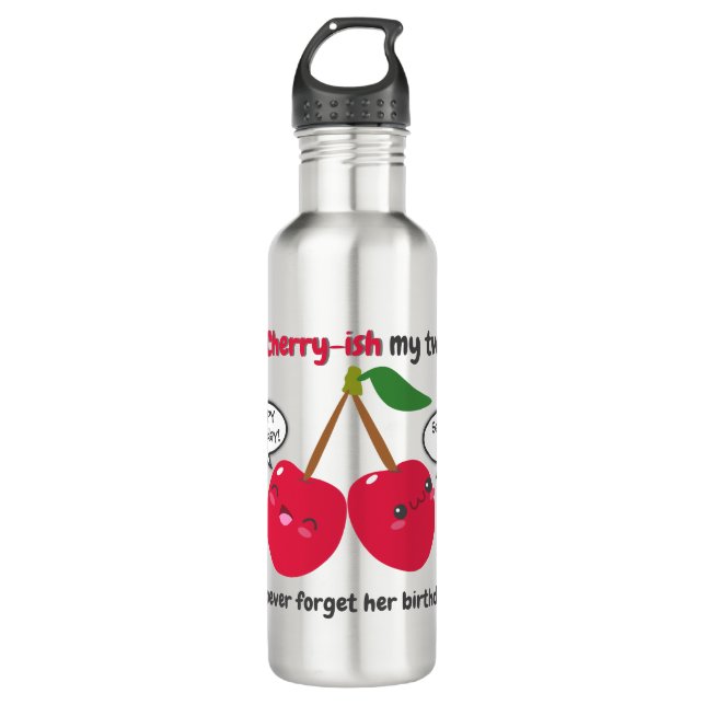 Cute Red Cherry Kawaii Twins Birthday 710 Ml Water Bottle (Front)