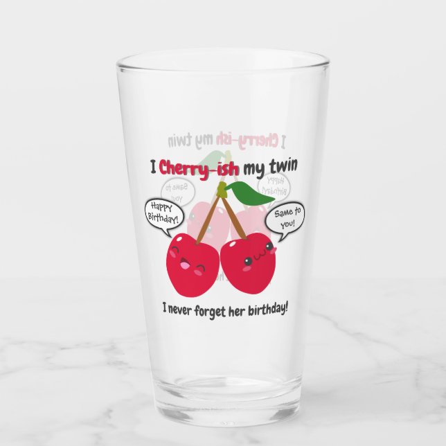 Cute Red Cherry Kawaii Twins Birthday Glass (Front)