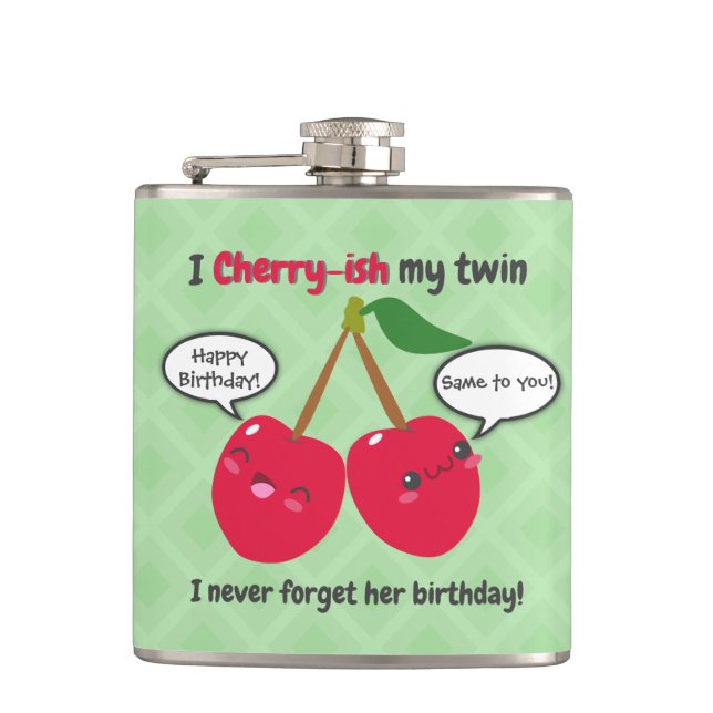 Cute Red Cherry Kawaii Twins Birthday Hip Flask (Front)